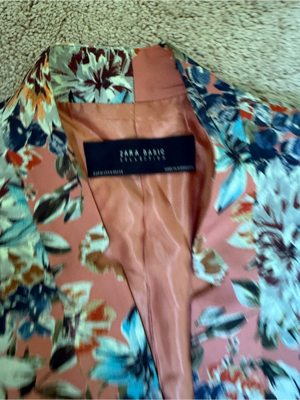 Zara Coral Floral Blazer with Blue and Cream Accents